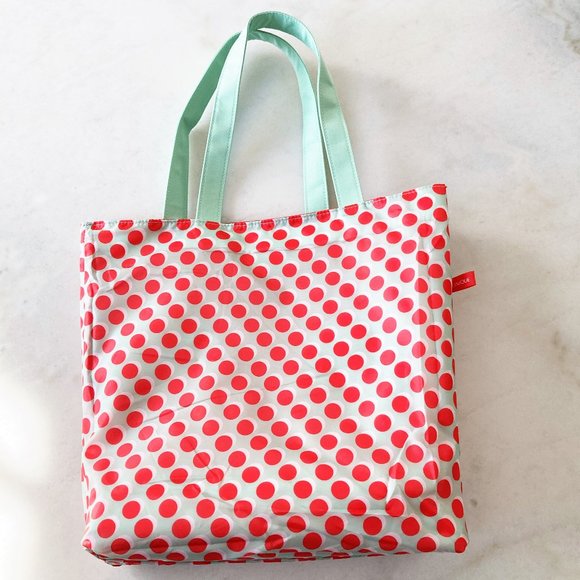 3/$36 - New! Clinique reversible tote bag red w/ mint green handles / polka dot - Picture 3 of 5
